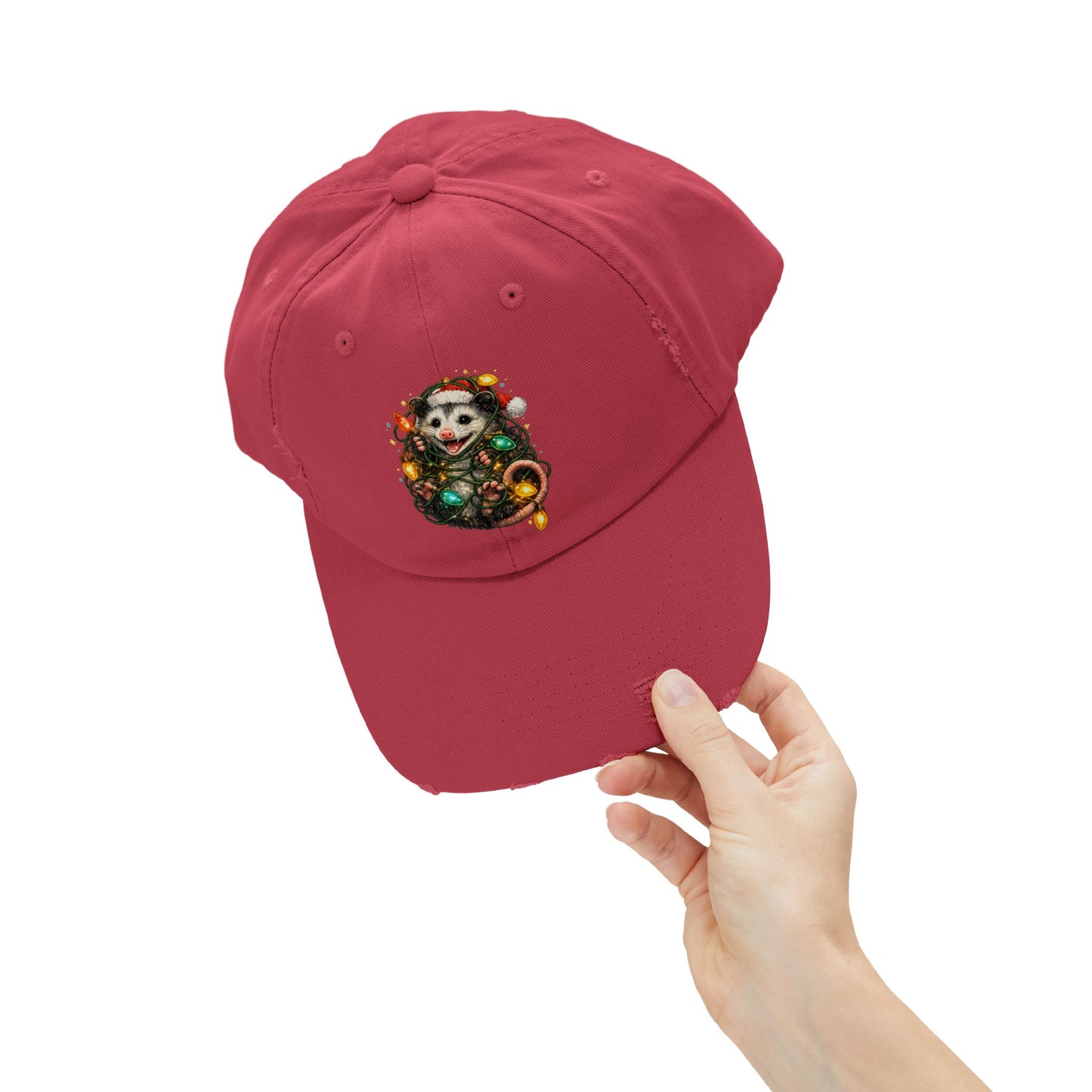 Christmas Opossum Distressed Cap — Cute Opossum Wrapped in Holiday Lights