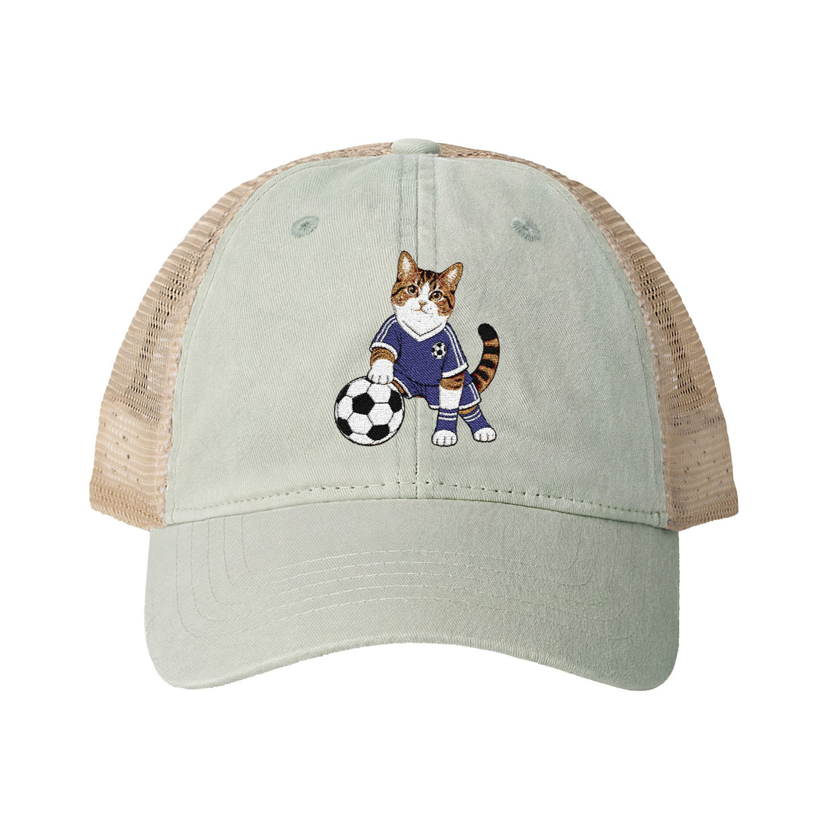 Soccer Cat Embroidered Women's Washed Mesh-Back Cap