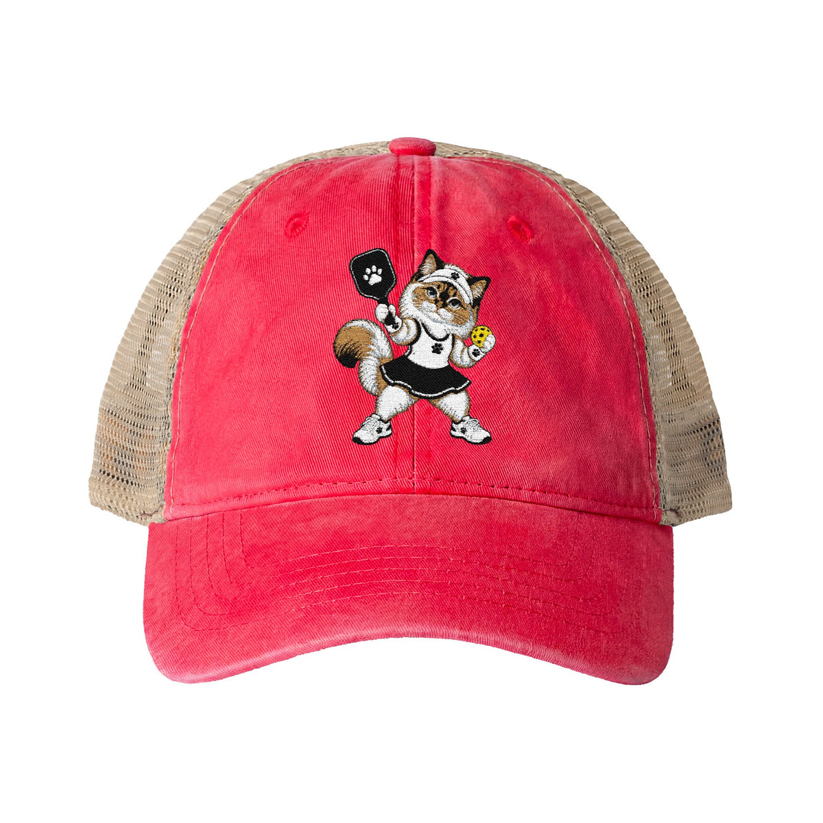 Pickleball Cat Embroidered Women's Washed Mesh-Back Cap