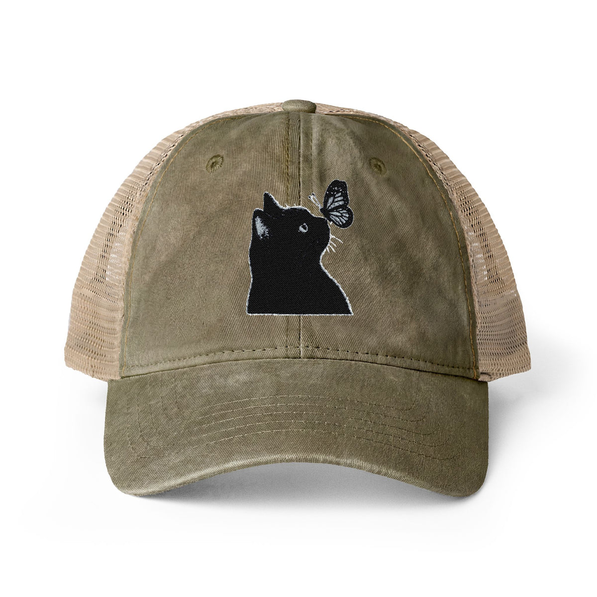 Black Cat embroidered Women's Washed Mesh-Back Cap