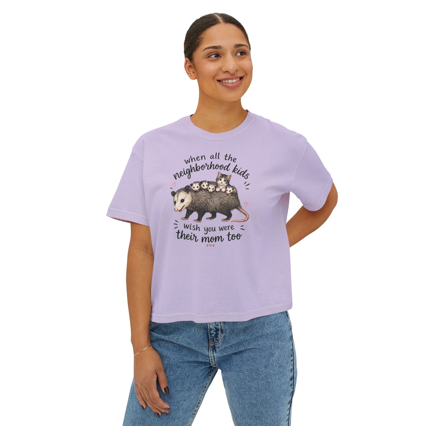 Women's Boxy Tee- Opossum and kitten neighborhood mom graphic
