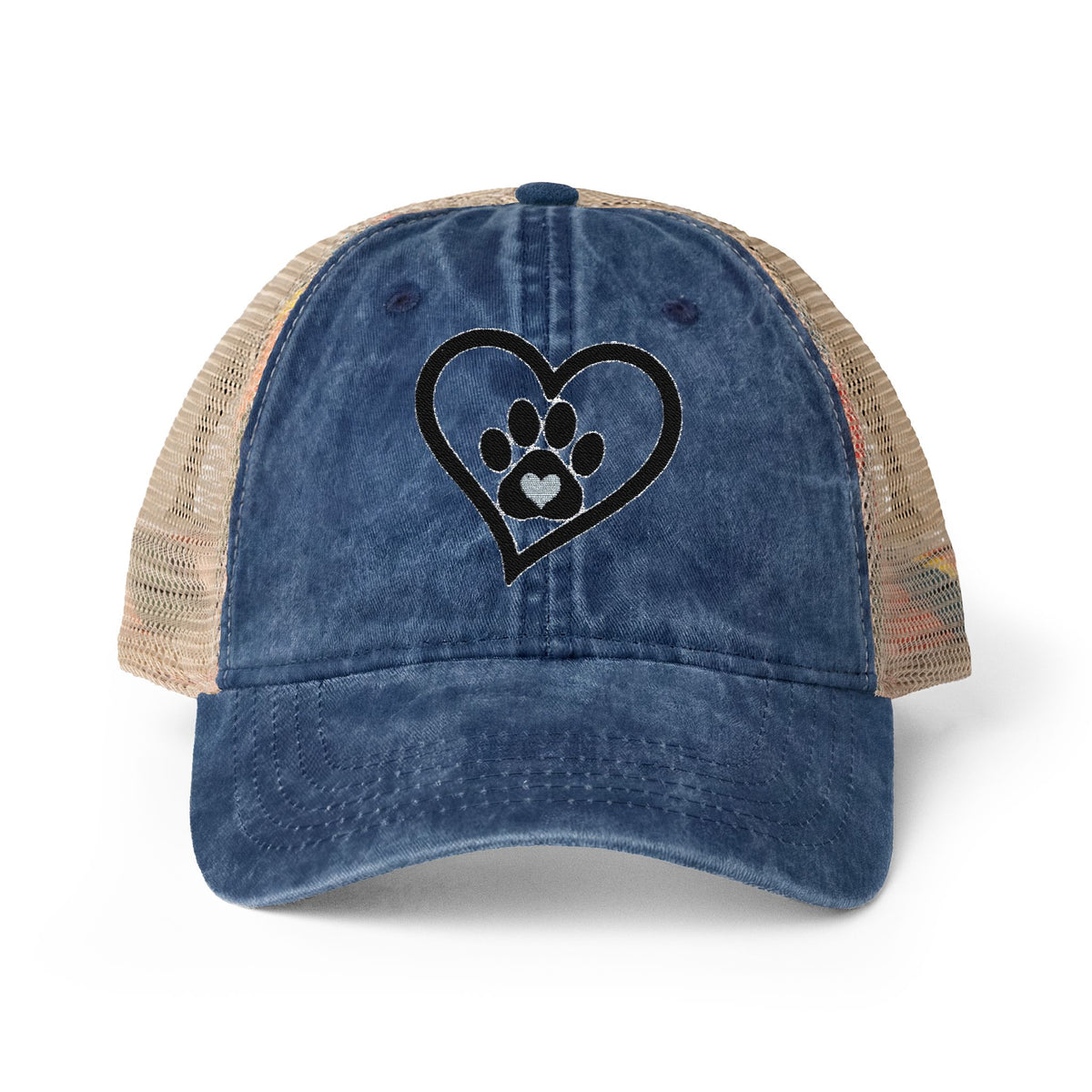 Heart Paw Print Embroidered Women's Washed Mesh-Back Cap