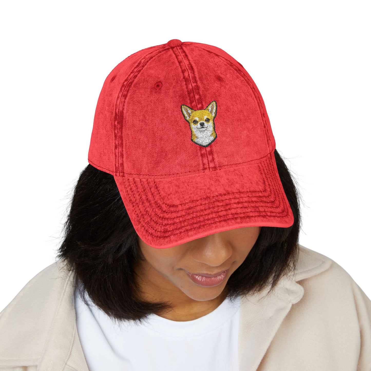 Embroidered Chihuahua Dog Face Cap | Vintage Washed Baseball Hat