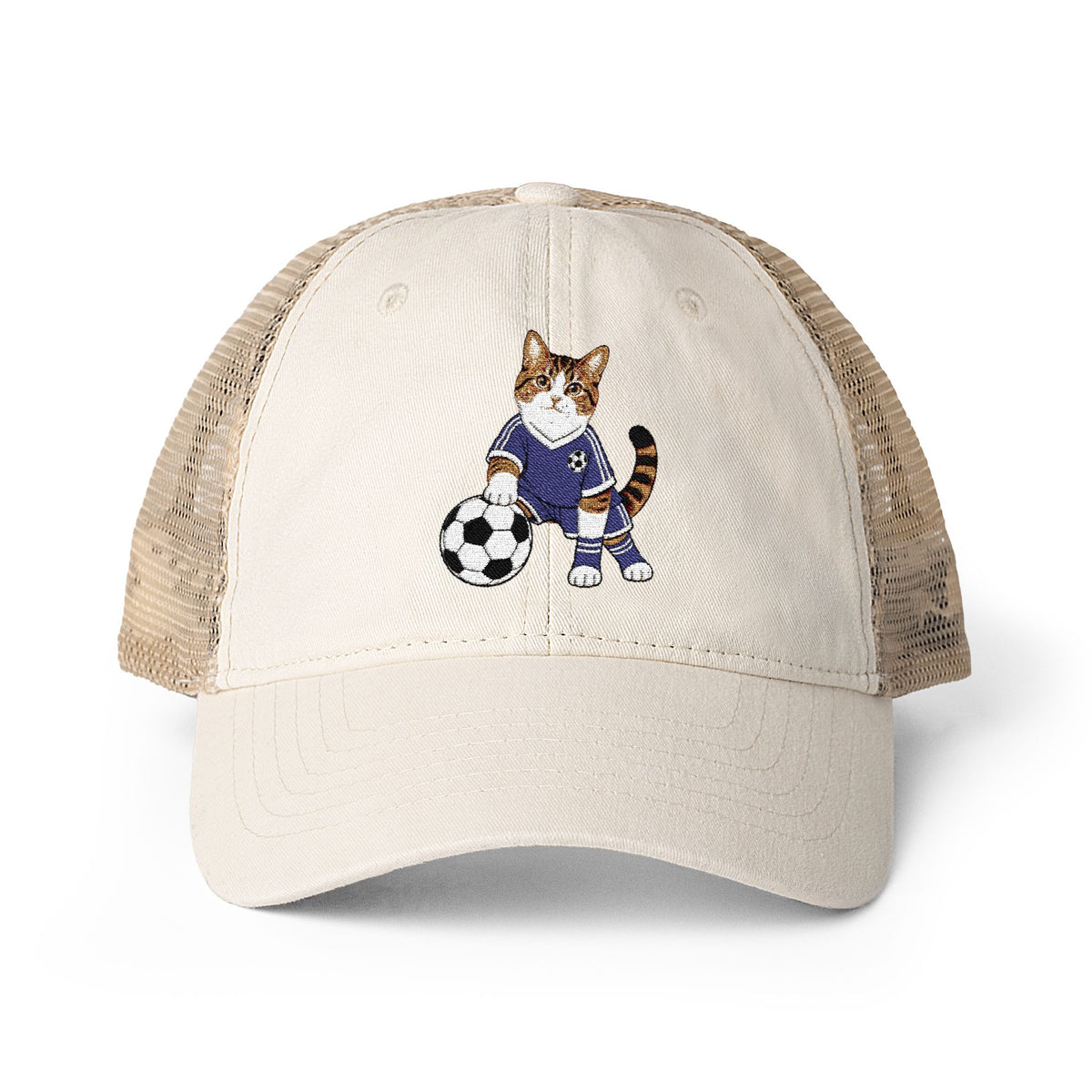 Soccer Cat Embroidered Women's Washed Mesh-Back Cap