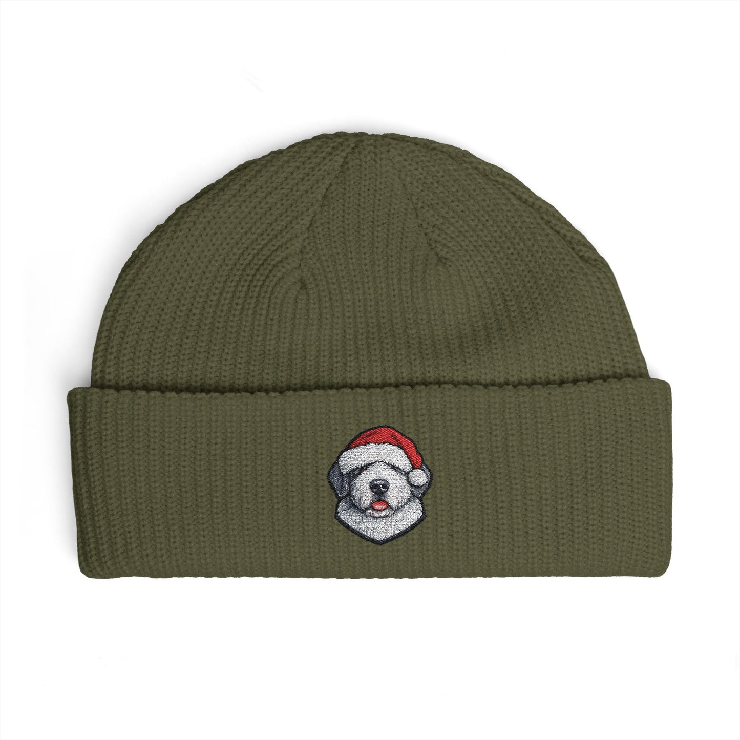 Cuffed Beanie — Embroidered Old English Sheep Dog in Santa Hat Winter Hat