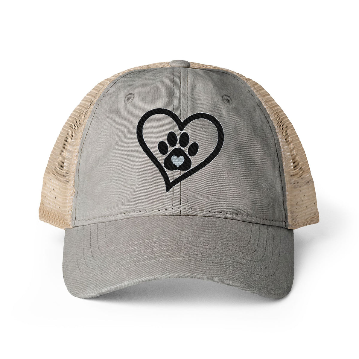 Heart Paw Print Embroidered Women's Washed Mesh-Back Cap