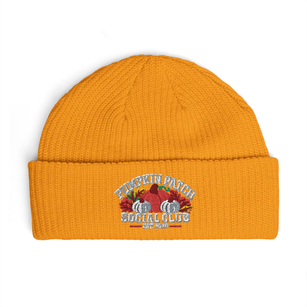 Pumpkin Patch Social Club 2026 Embroidered Cuff Beanie — Fall Harvest Embroidered Knit Hat