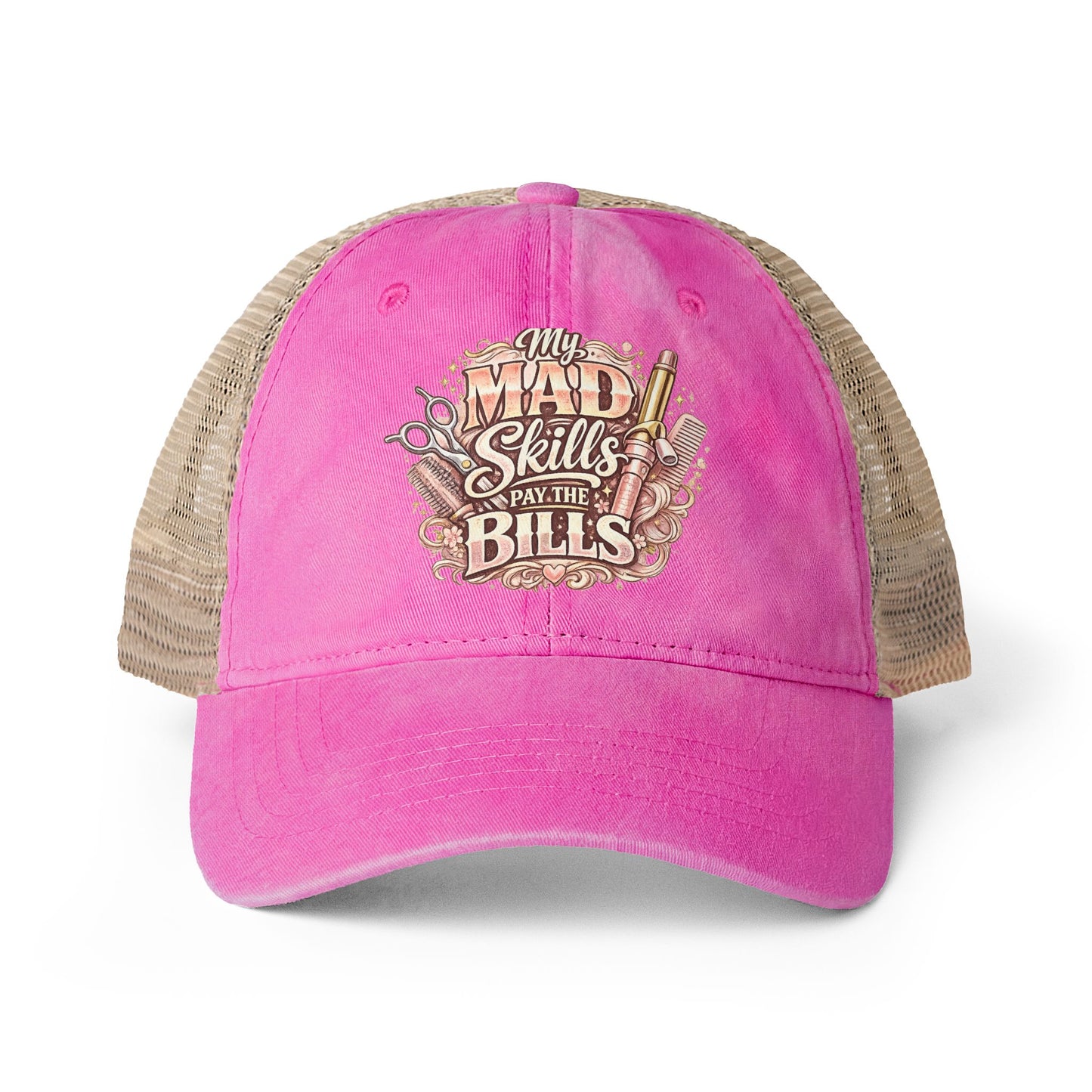 Mesh-Back Cap with surprise print under visor/ My Mad Skills Pay the Bills hairstylist