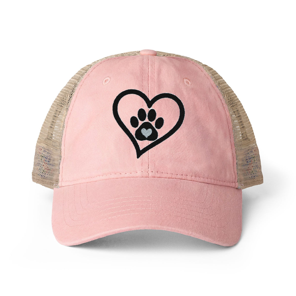 Heart Paw Print Embroidered Women's Washed Mesh-Back Cap
