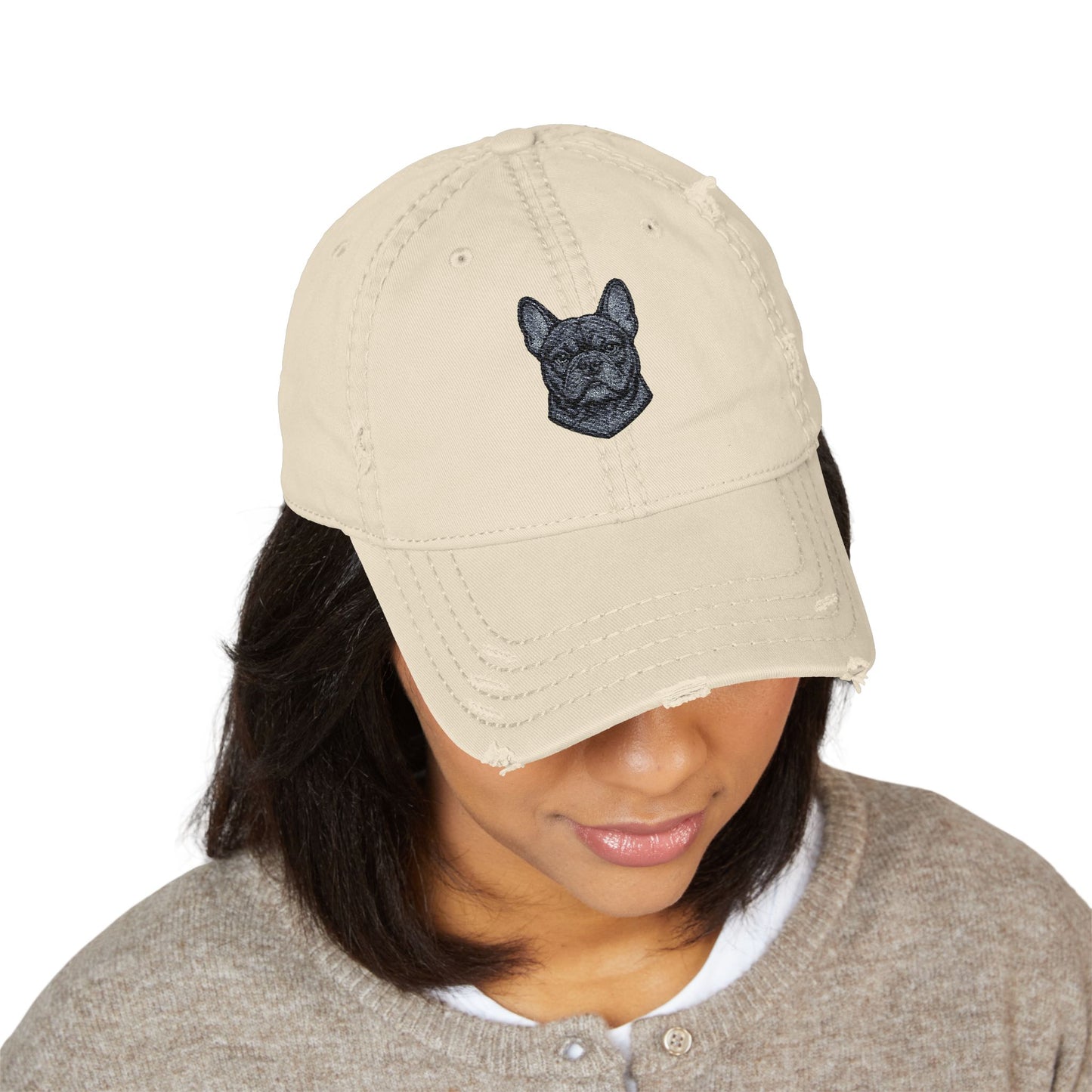 Embroidered Black French Bulldog Face Dad Hat | Distressed Baseball Cap