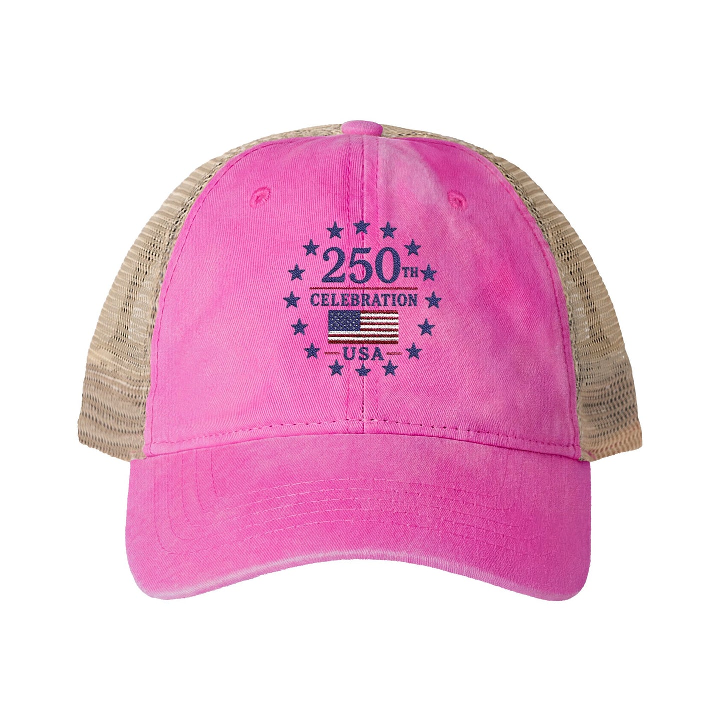 Women's Washed Mesh-Back Cap with print underneath bill embroidered USA 250th celebration various colors