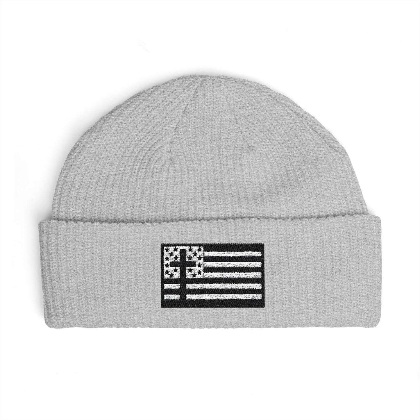 Cuffed Beanie with Black & White American Flag with Cross Patch — Patriotic Winter Knit Hat