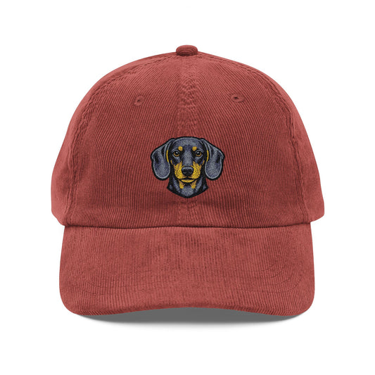 Dachshund Head Embroidered Cap | black and brown Dachshund Corduroy Vintage Dad Hat