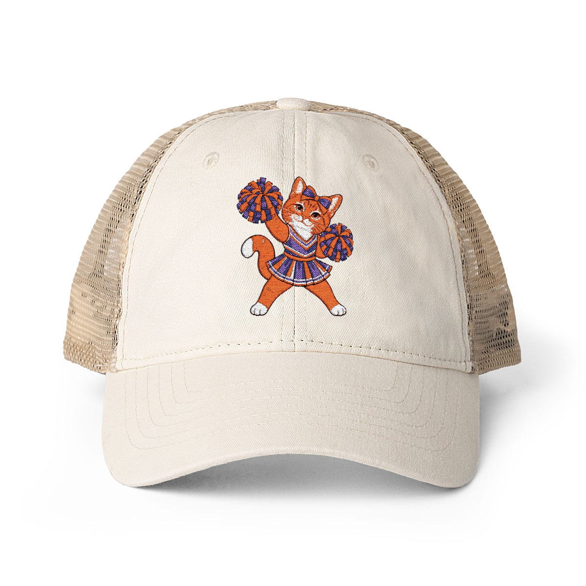 Orange Cheer Cat Embroidered Women's Washed Mesh-Back Cap