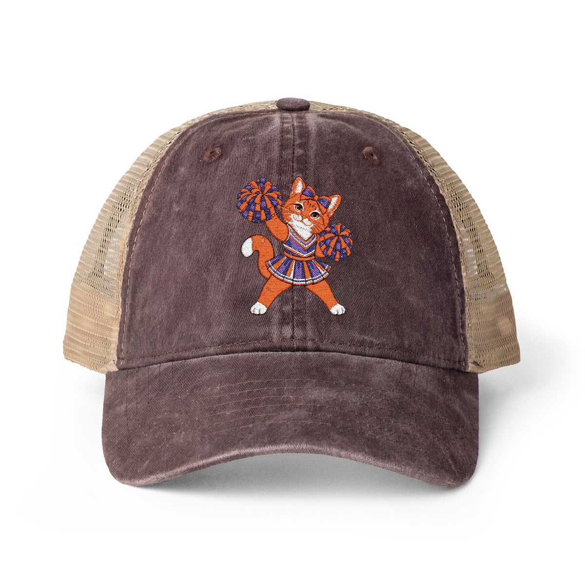 Orange Cheer Cat Embroidered Women's Washed Mesh-Back Cap