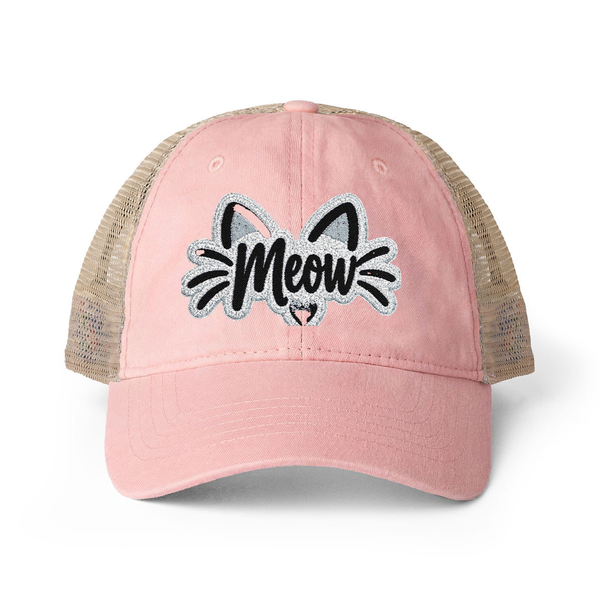 Meow Cat Embroidered Women's Washed Mesh-Back Cap