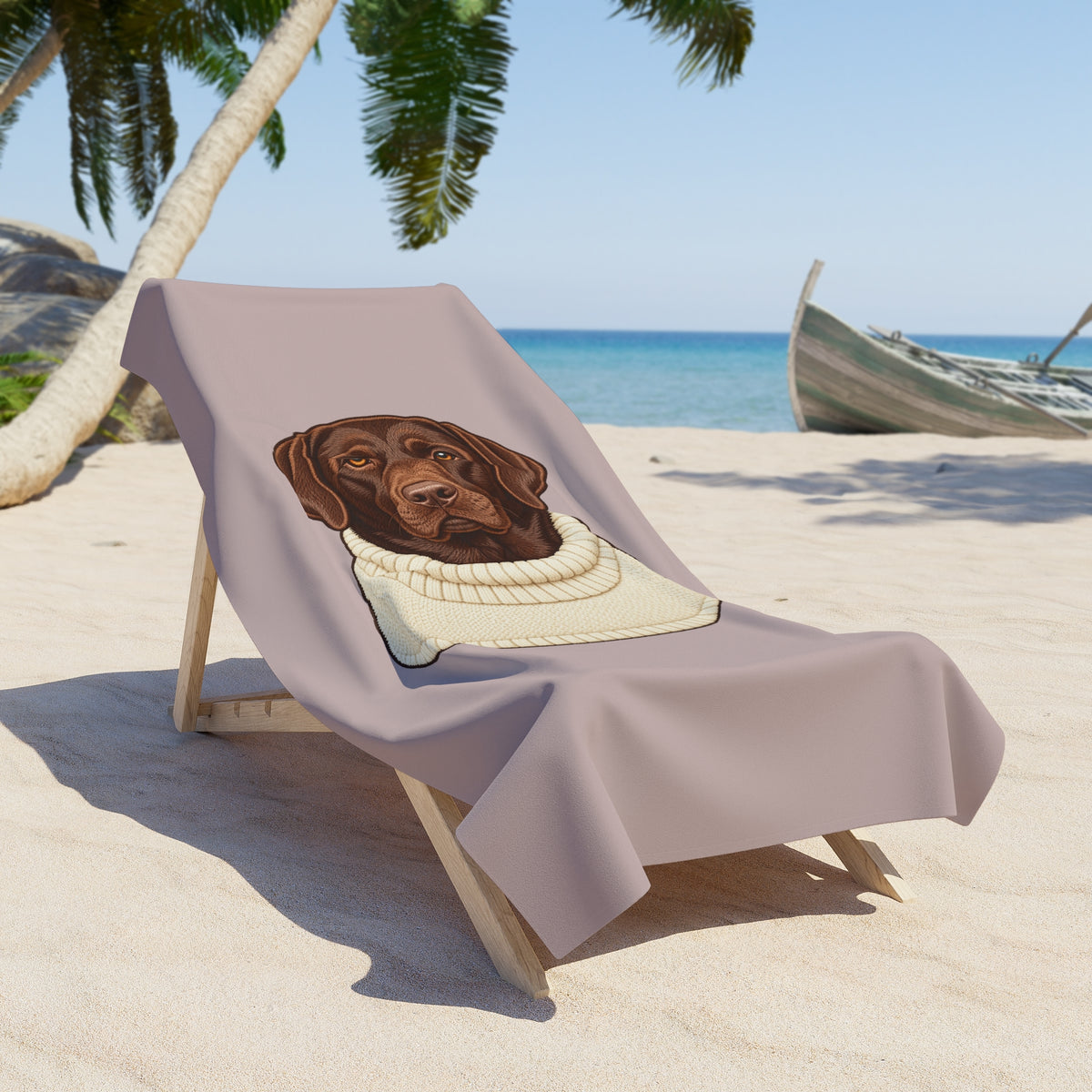 Chocolate Labrador in Cable Knit Sweater Beach Towel — Cute Dog Beach Towel for Dog Lovers