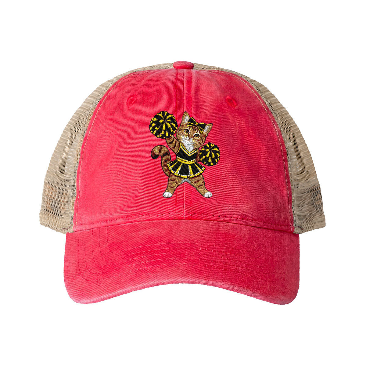 Orange Cheer Cat embroidered Women's Washed Mesh-Back Cap