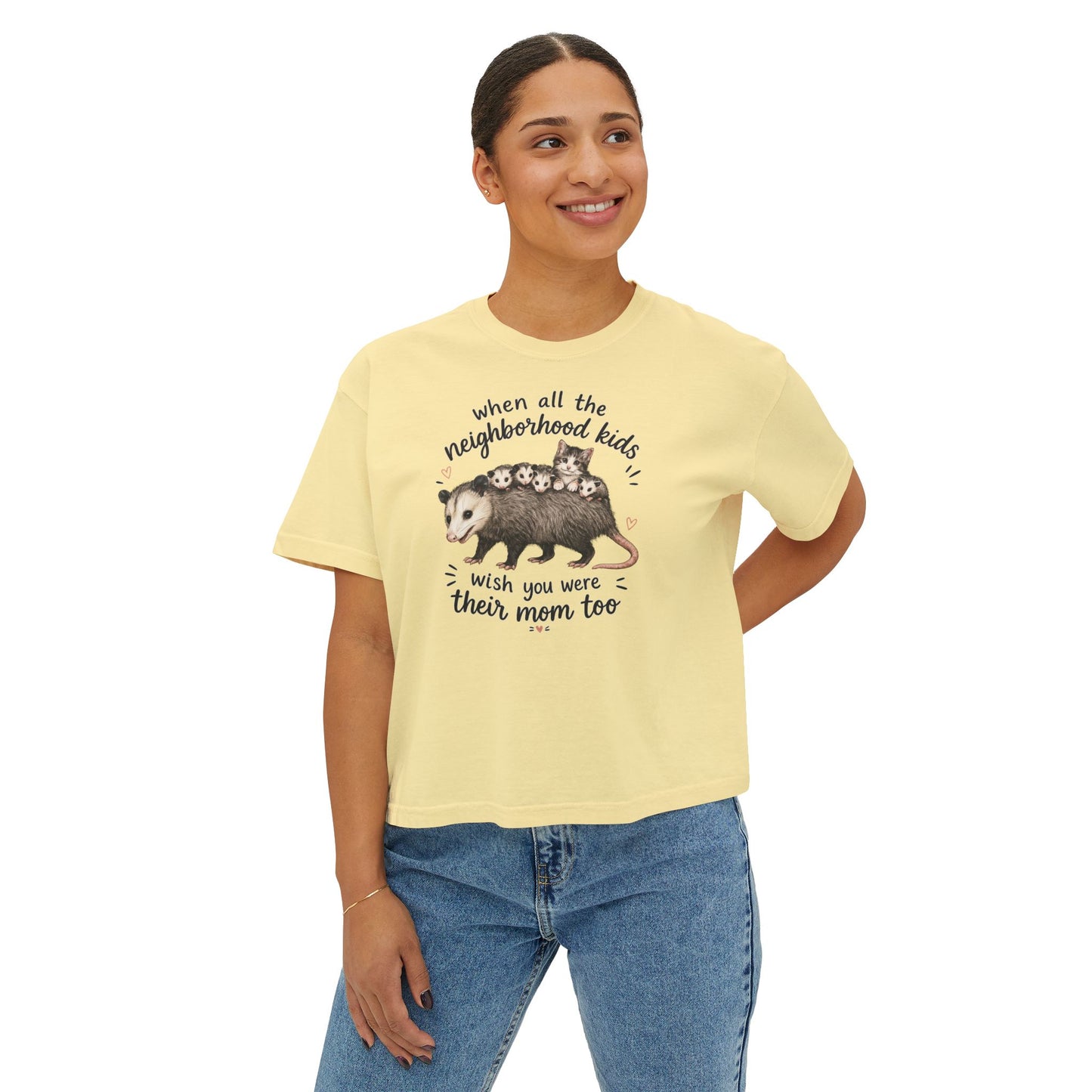 Women's Boxy Tee- Opossum and kitten neighborhood mom graphic