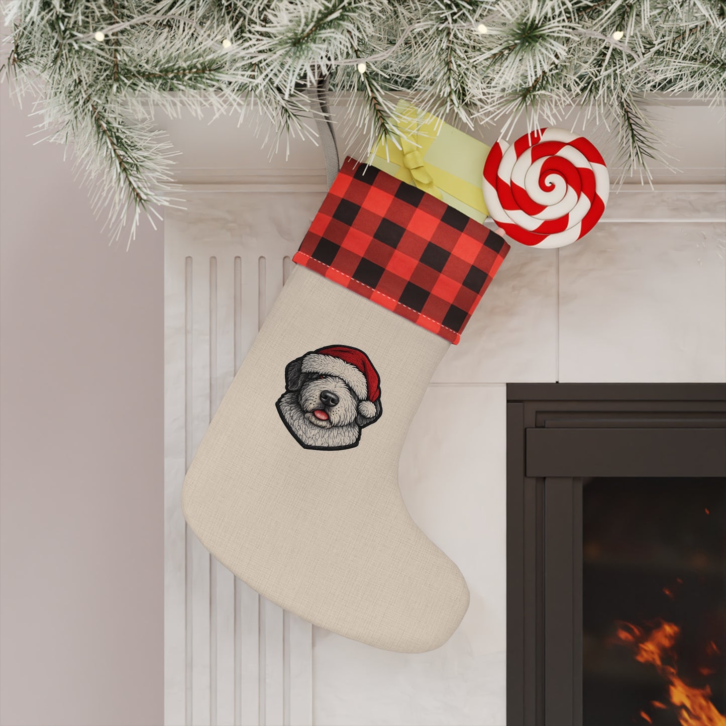 Buffalo Plaid Dog Portrait Christmas Stocking- Old English Sheepdog