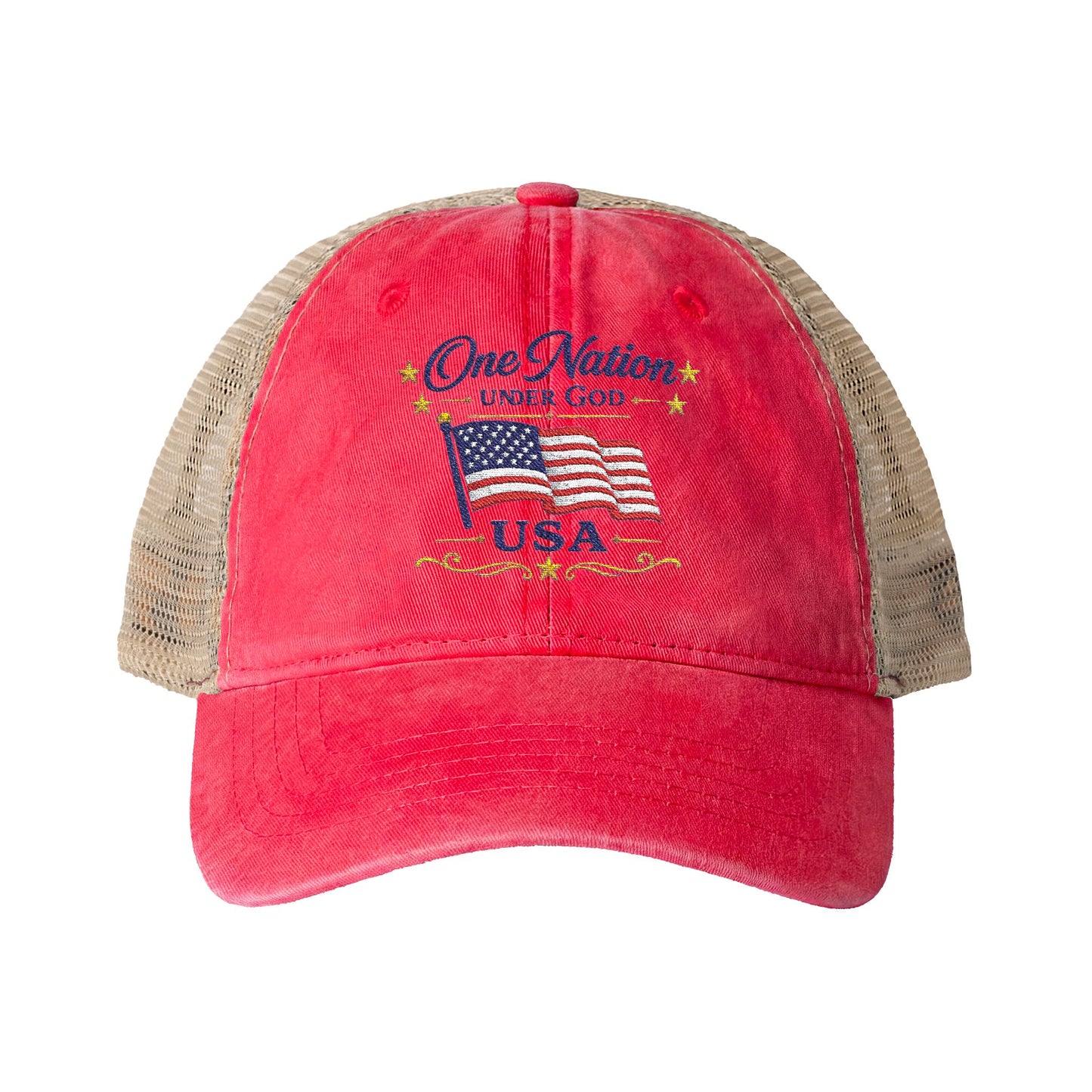 Women's Washed Mesh-Back Cap Embroidered "One Nation Under God" USA Flag - cool prints under bill of cap