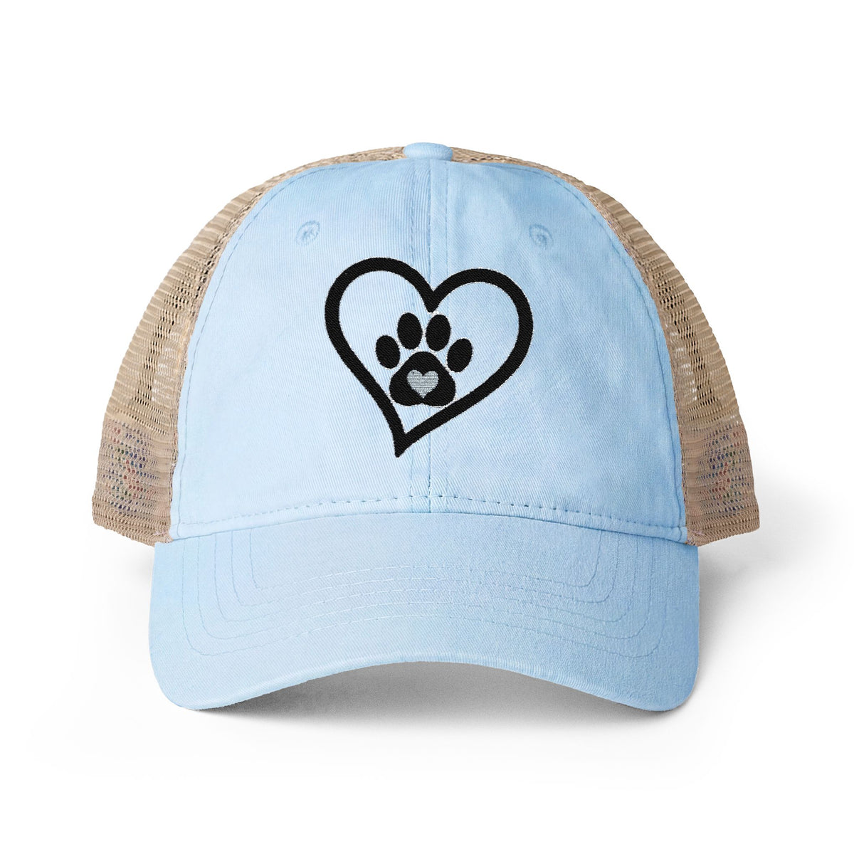 Heart Paw Print Embroidered Women's Washed Mesh-Back Cap