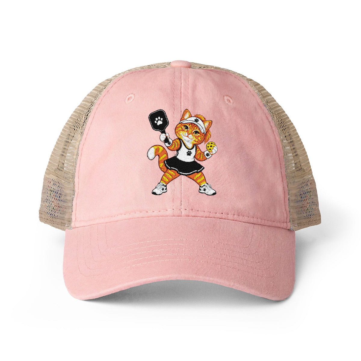 Pickleball Orange Cat Embroidered Women's Washed Mesh-Back Cap