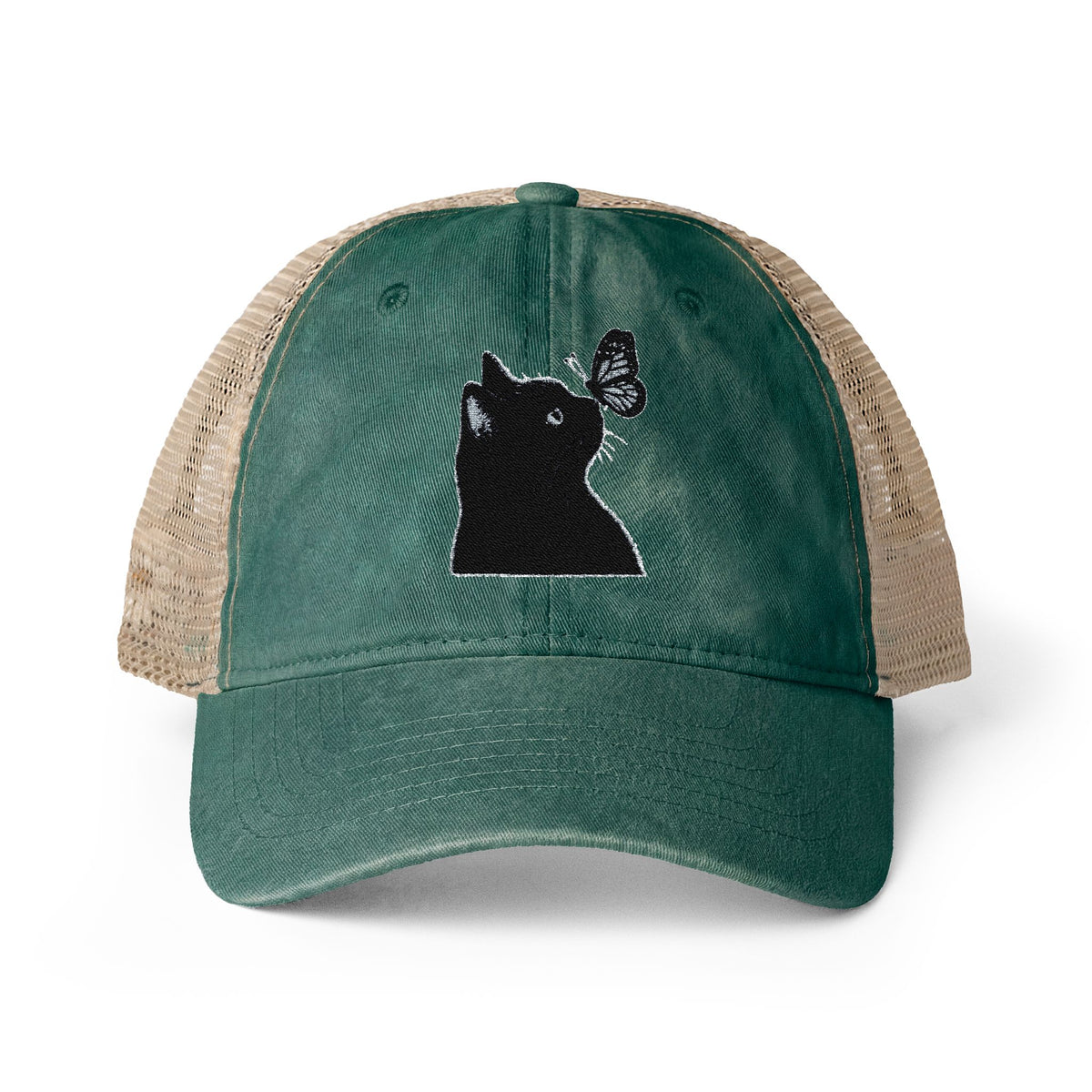 Black Cat embroidered Women's Washed Mesh-Back Cap