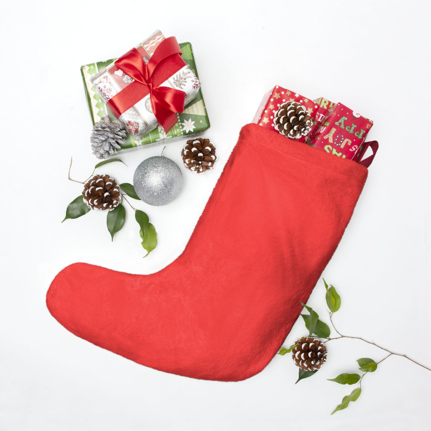 Sheep Dog Face Christmas Stocking – Red Holiday Stocking with Cute Sheepdog Portrait