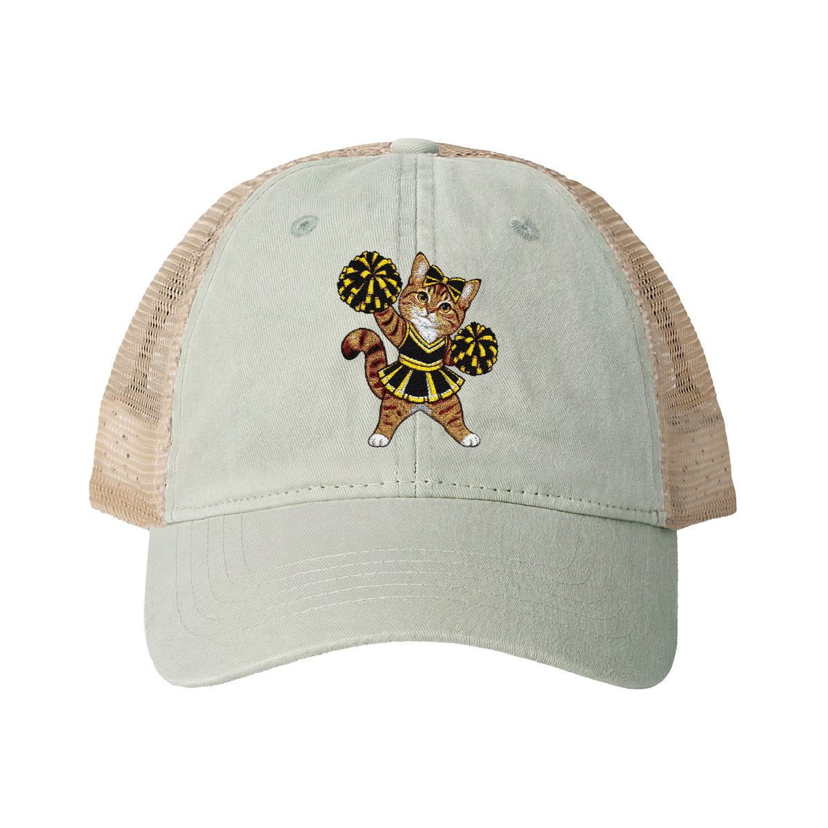 Orange Cheer Cat embroidered Women's Washed Mesh-Back Cap