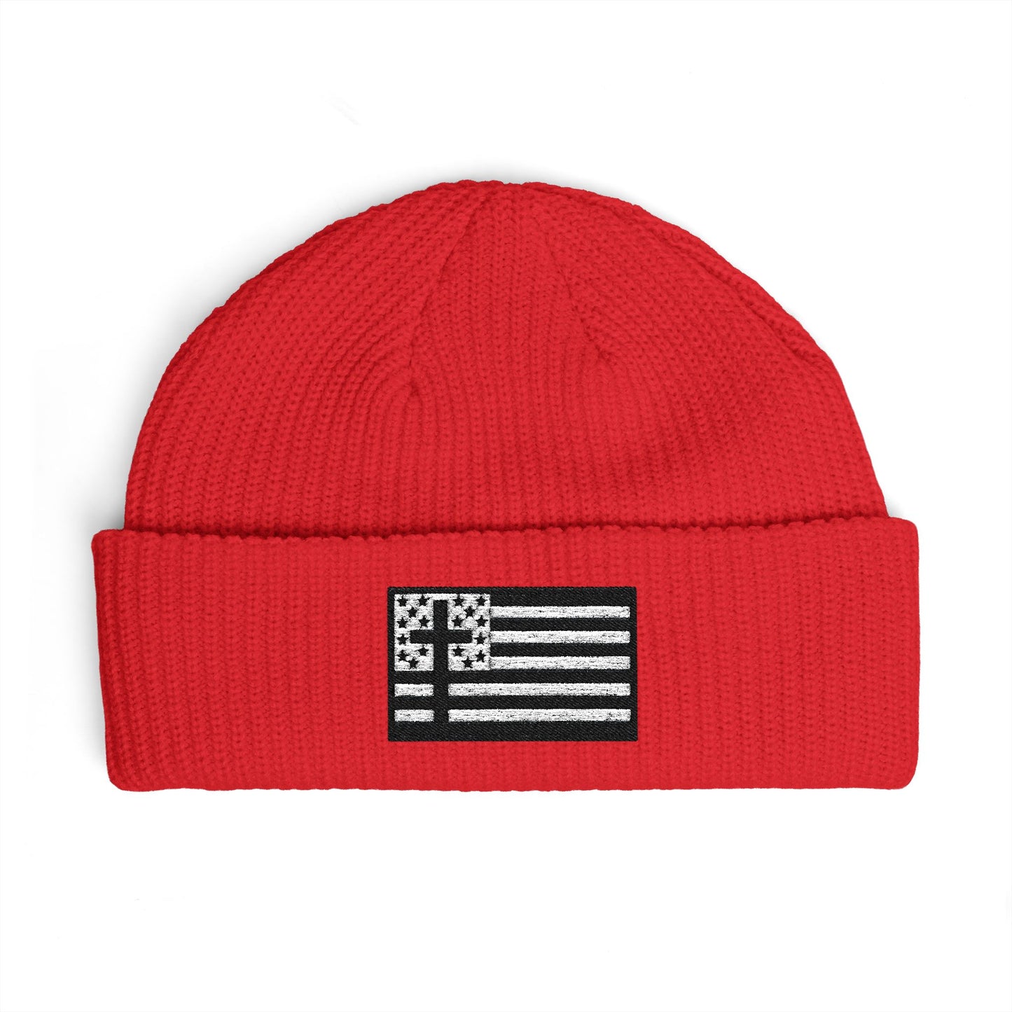 Cuffed Beanie with Black & White American Flag with Cross Patch — Patriotic Winter Knit Hat