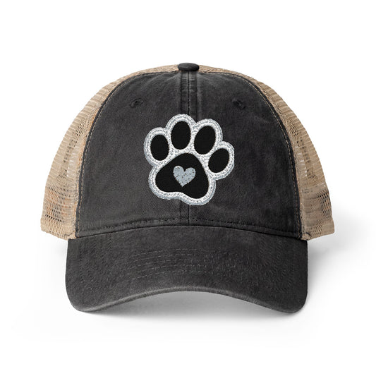 Paw print heart embroidered Women's Washed Mesh-Back Cap