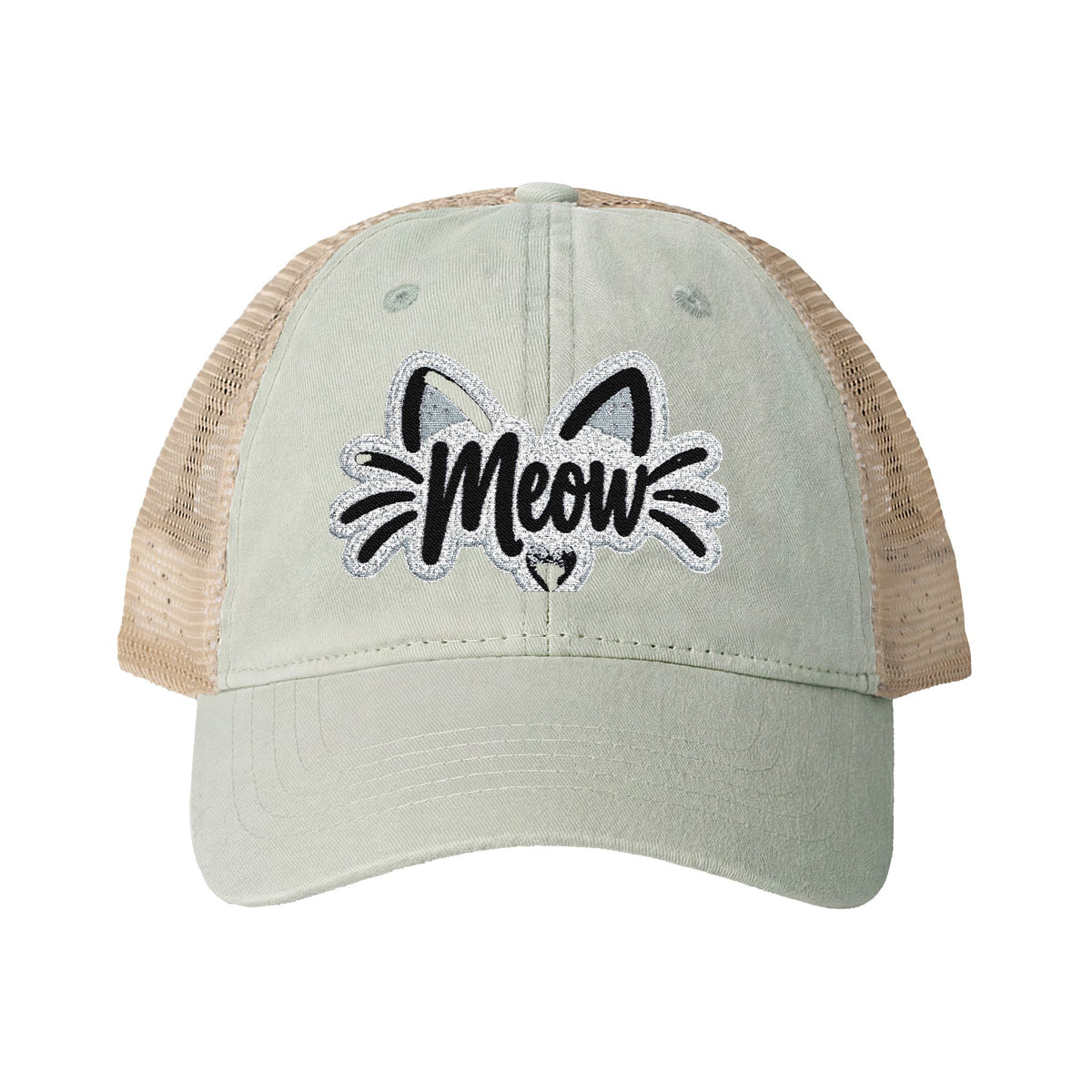 Meow Cat Embroidered Women's Washed Mesh-Back Cap