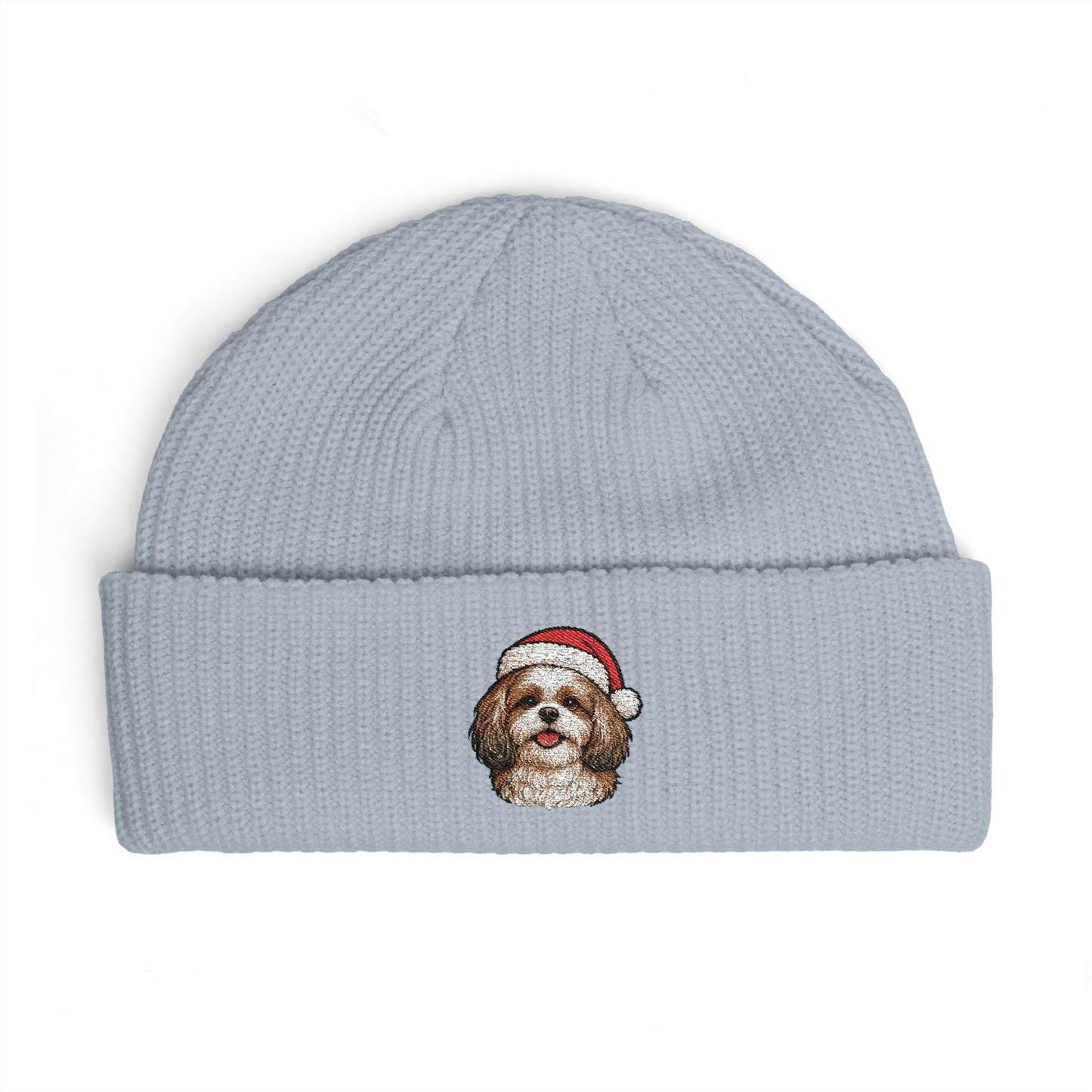 Cuffed Beanie — Embroidered ShihTzu Dog in Santa Hat Winter cap
