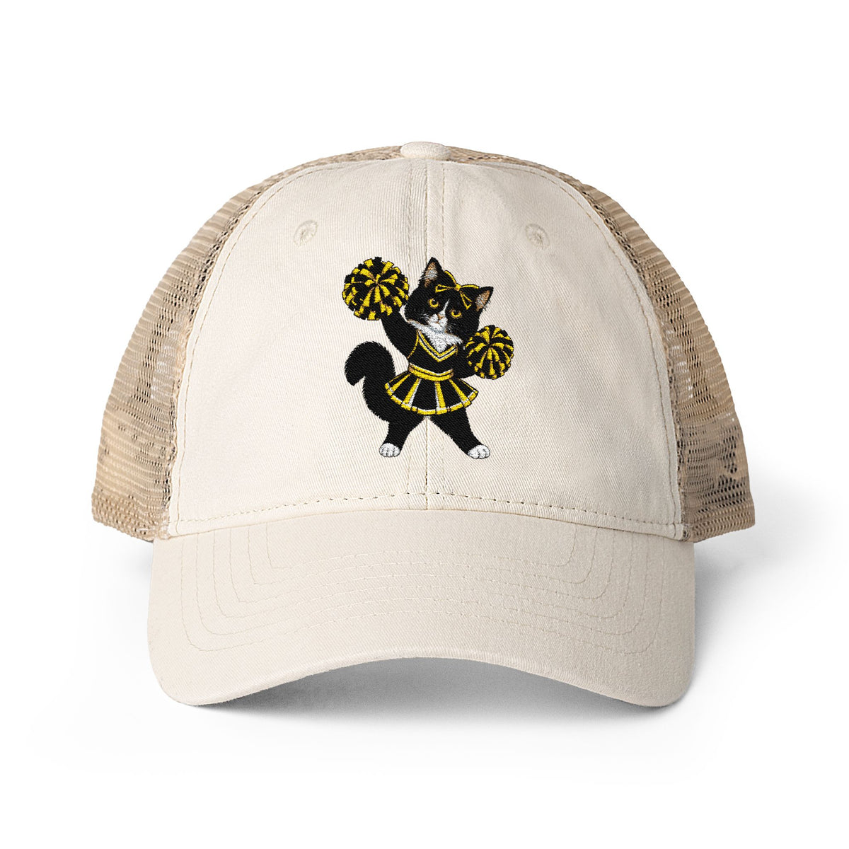 Tuxedo Cat embroidered Women's Washed Mesh-Back Cap