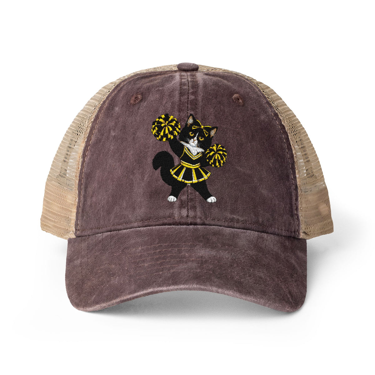 Tuxedo Cat embroidered Women's Washed Mesh-Back Cap