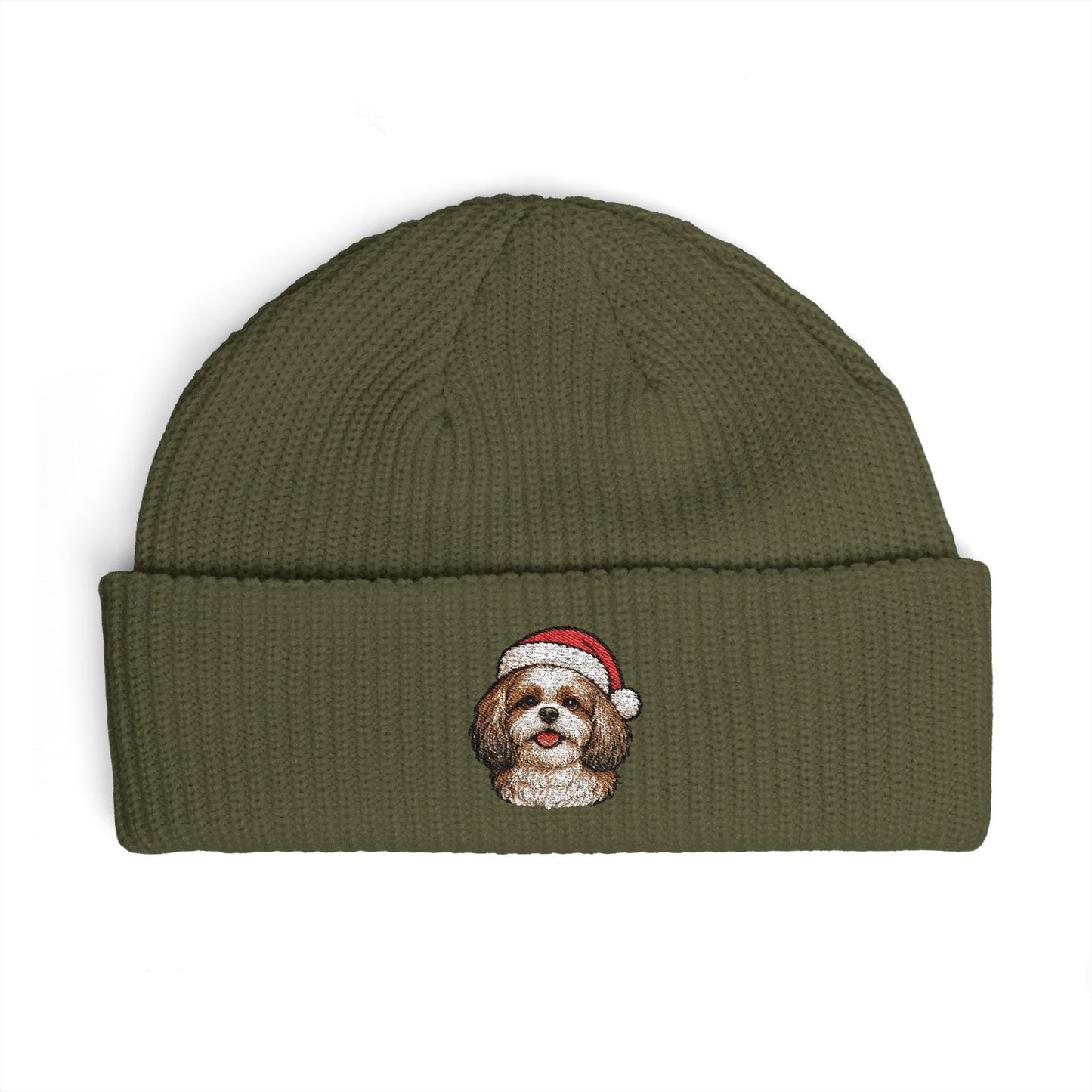 Cuffed Beanie — Embroidered ShihTzu Dog in Santa Hat Winter cap