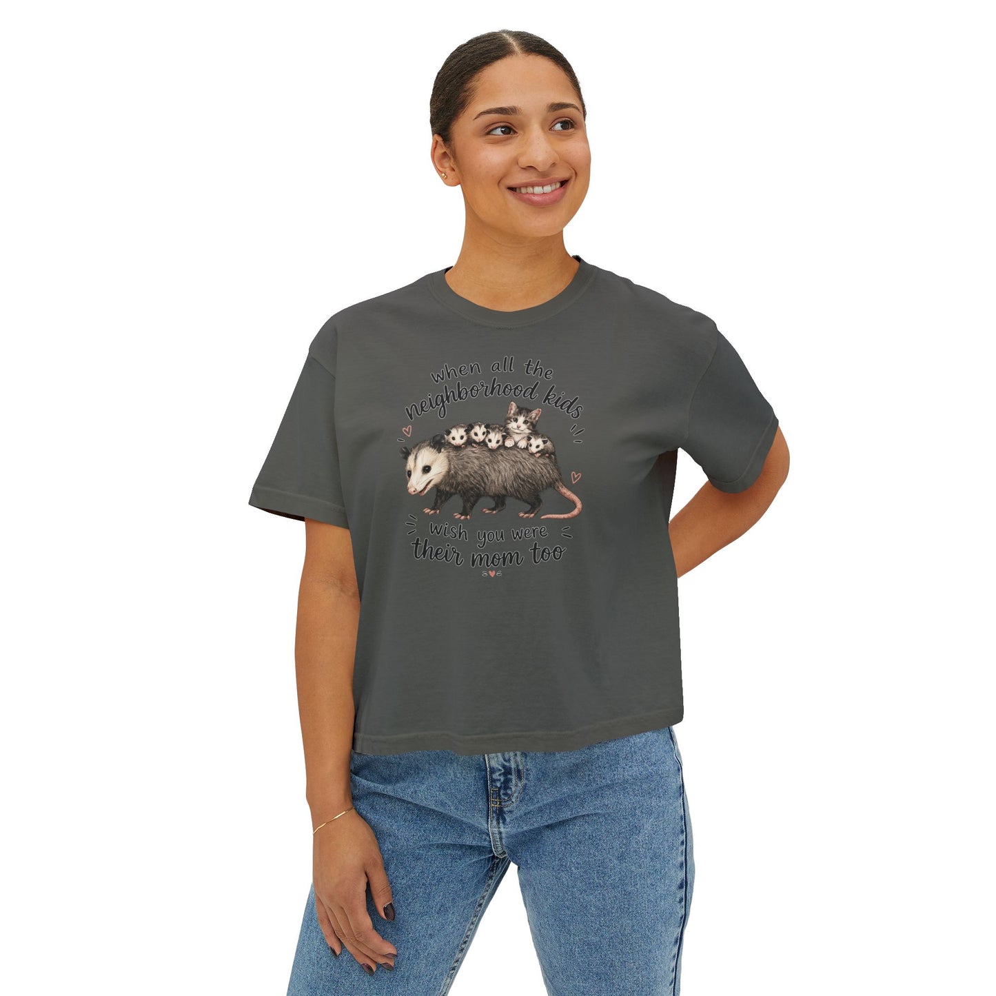 Women's Boxy Tee- Opossum and kitten neighborhood mom graphic