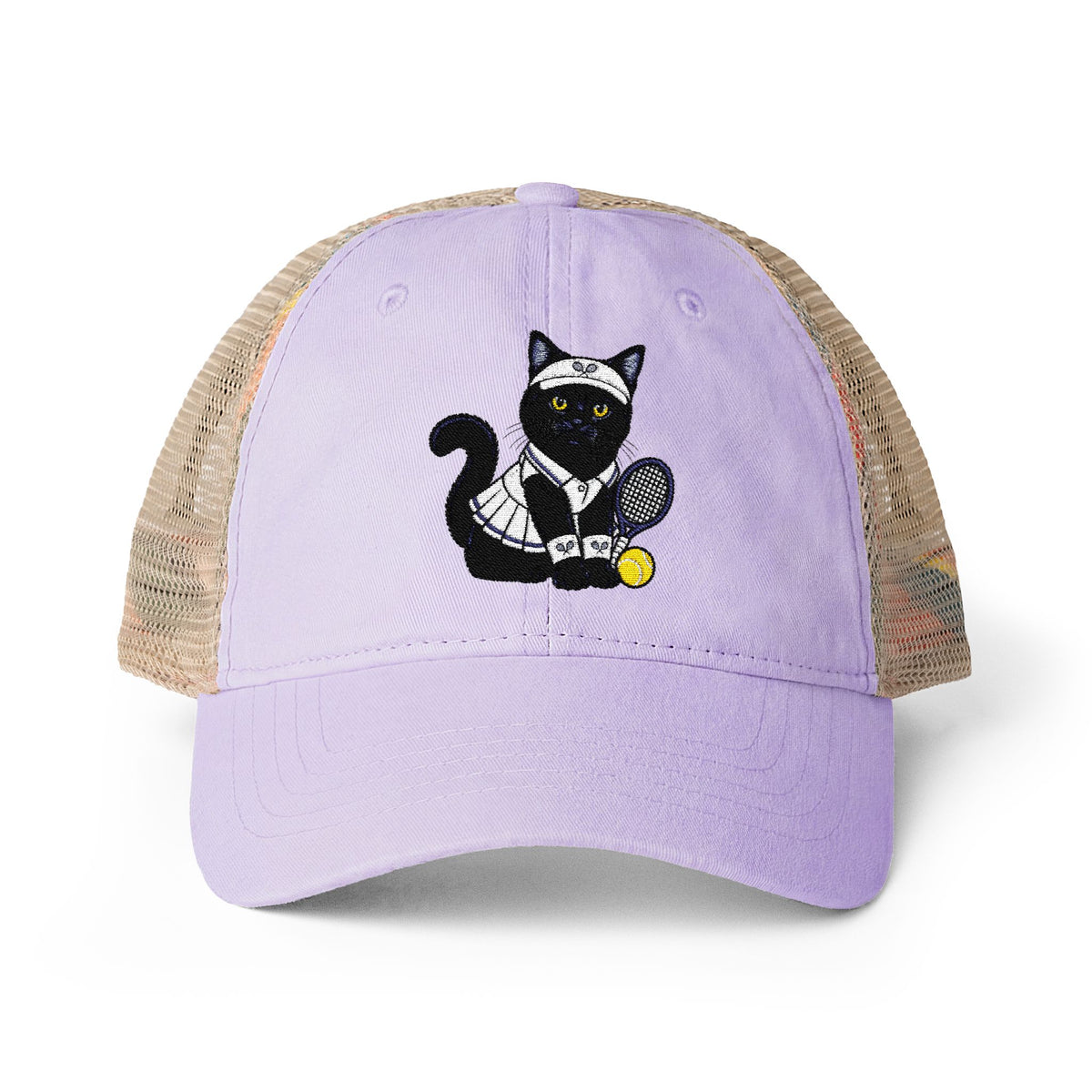 Black Cat Tennis Embroidered Women's Washed Mesh-Back Cap