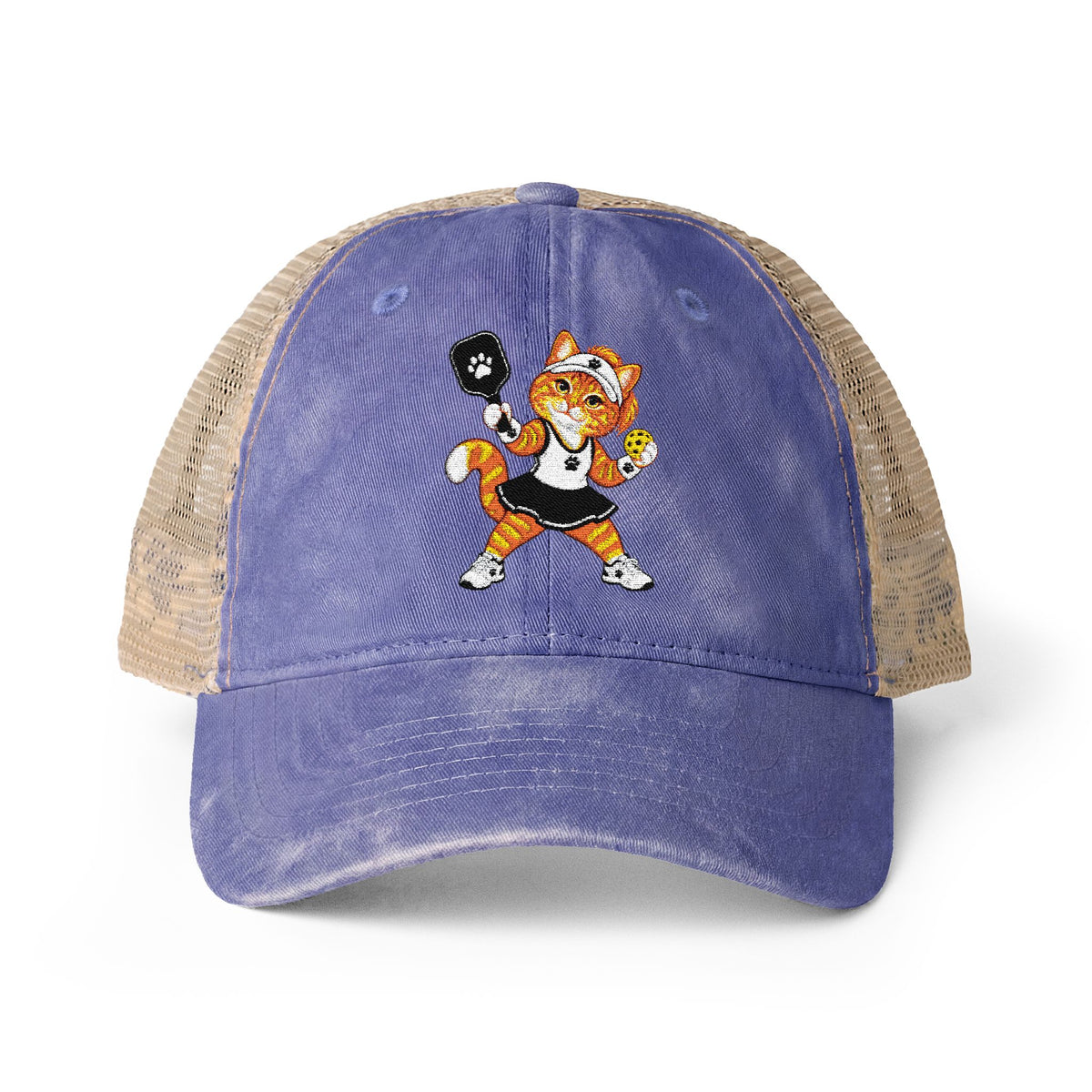 Pickleball Orange Cat Embroidered Women's Washed Mesh-Back Cap