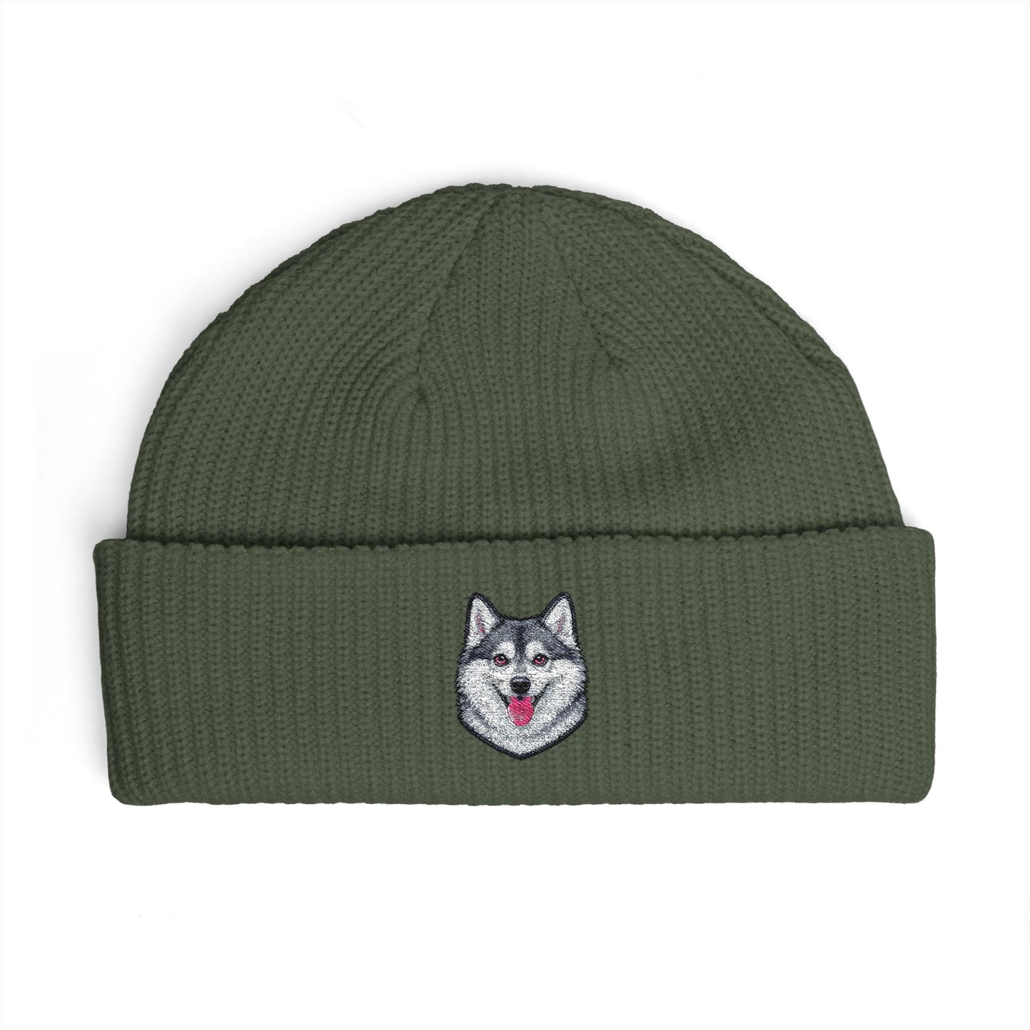 Embroidered Husky Cuff Beanie – Cozy Winter Hat for Dog Lovers