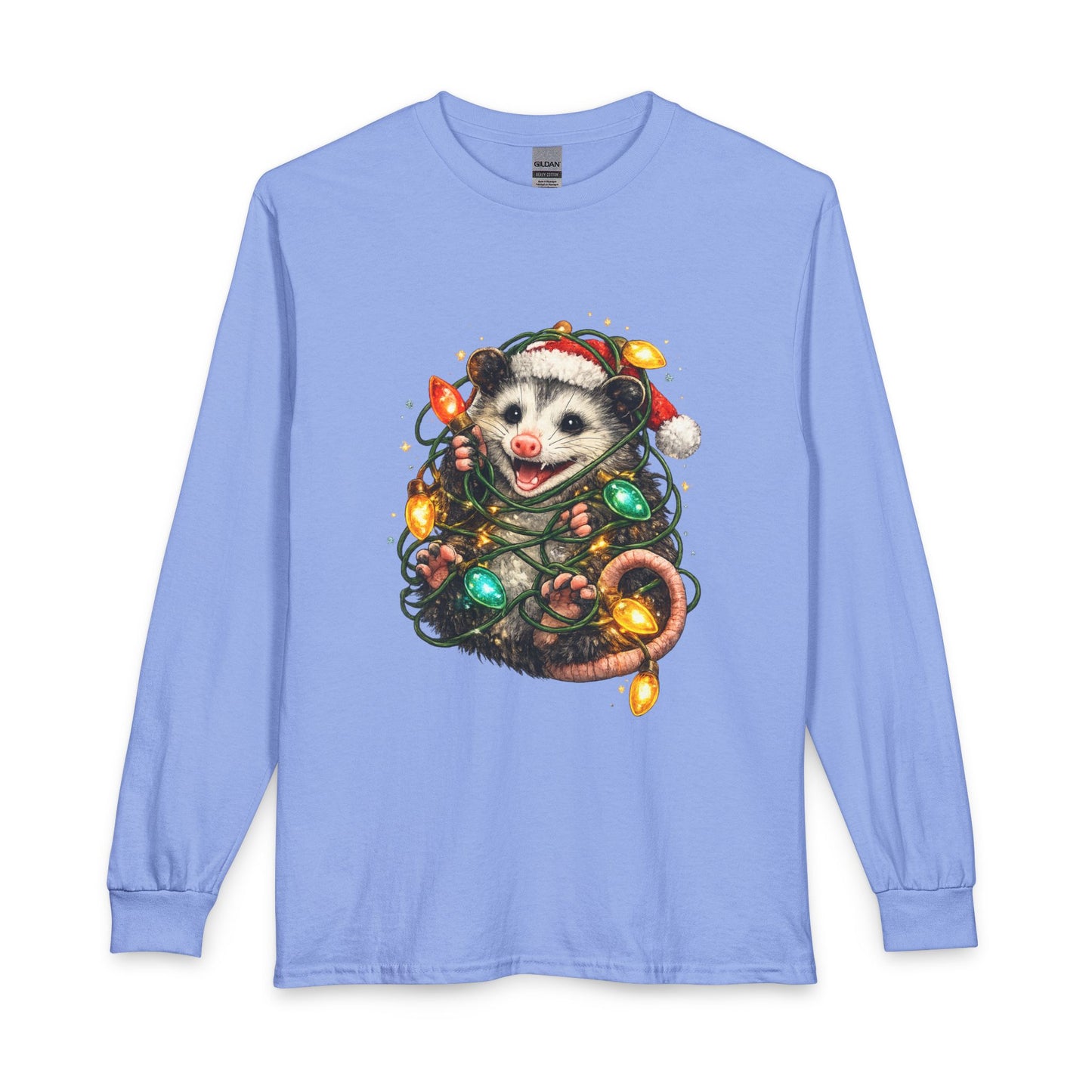 Christmas Opossum Long Sleeve Tee — Cute Opossum Wrapped in Holiday Lights