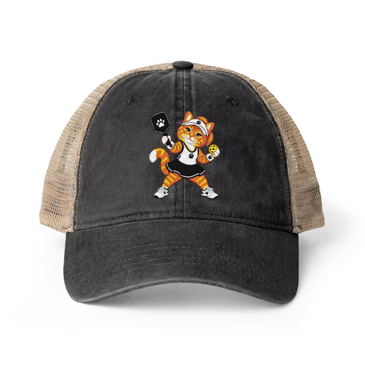 Pickleball Orange Cat Embroidered Women's Washed Mesh-Back Cap