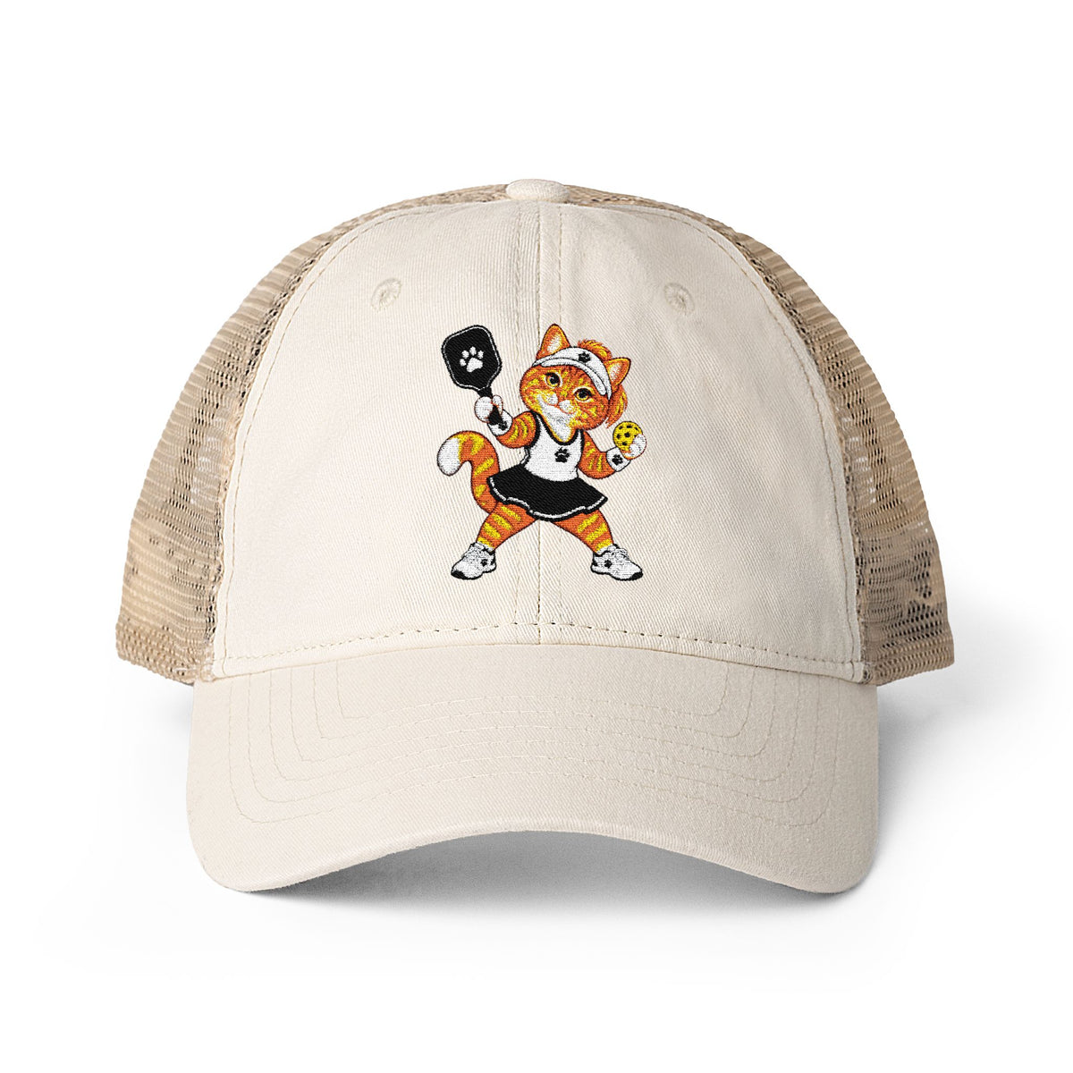 Pickleball Orange Cat Embroidered Women's Washed Mesh-Back Cap