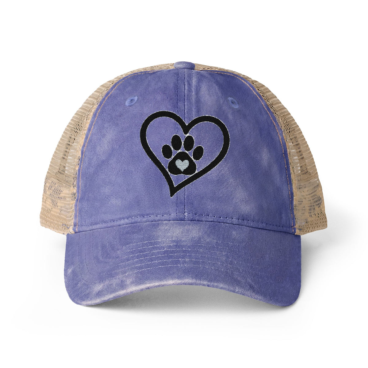 Heart Paw Print Embroidered Women's Washed Mesh-Back Cap