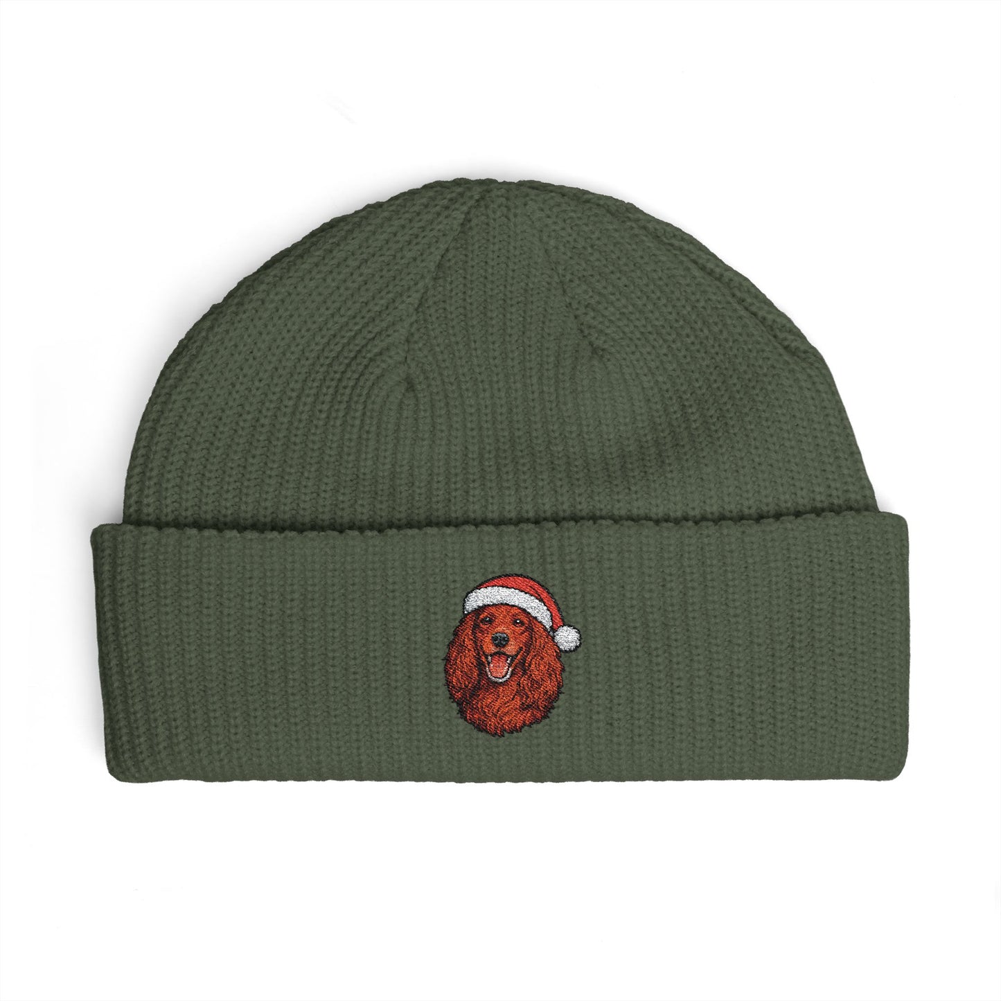 Cuffed Beanie — Embroidered Irish Setter Dog in Santa Hat Winter Hat