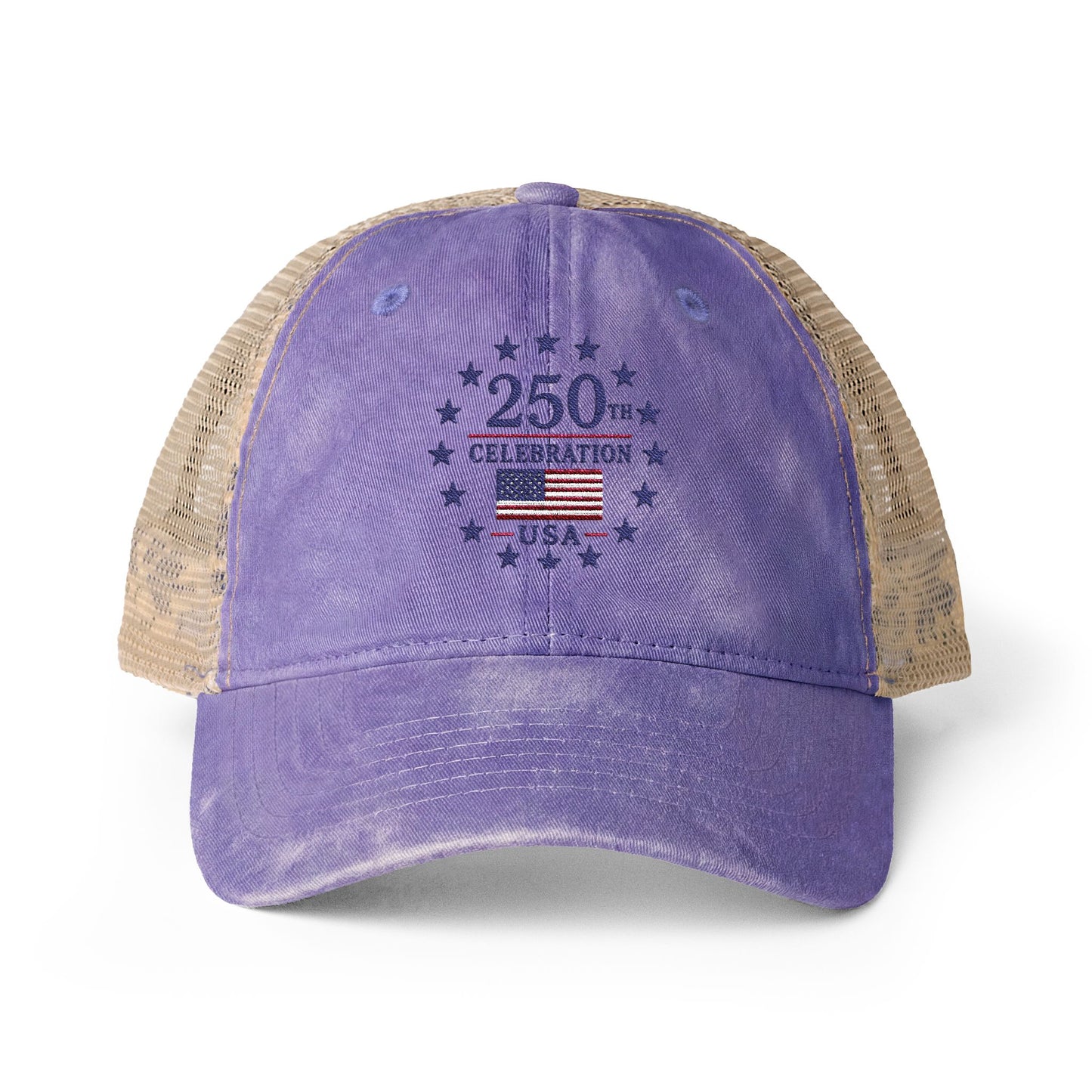 Women's Washed Mesh-Back Cap with print underneath bill embroidered USA 250th celebration various colors