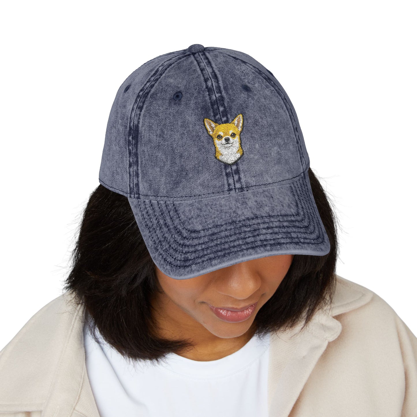 Embroidered Chihuahua Dog Face Cap | Vintage Washed Baseball Hat