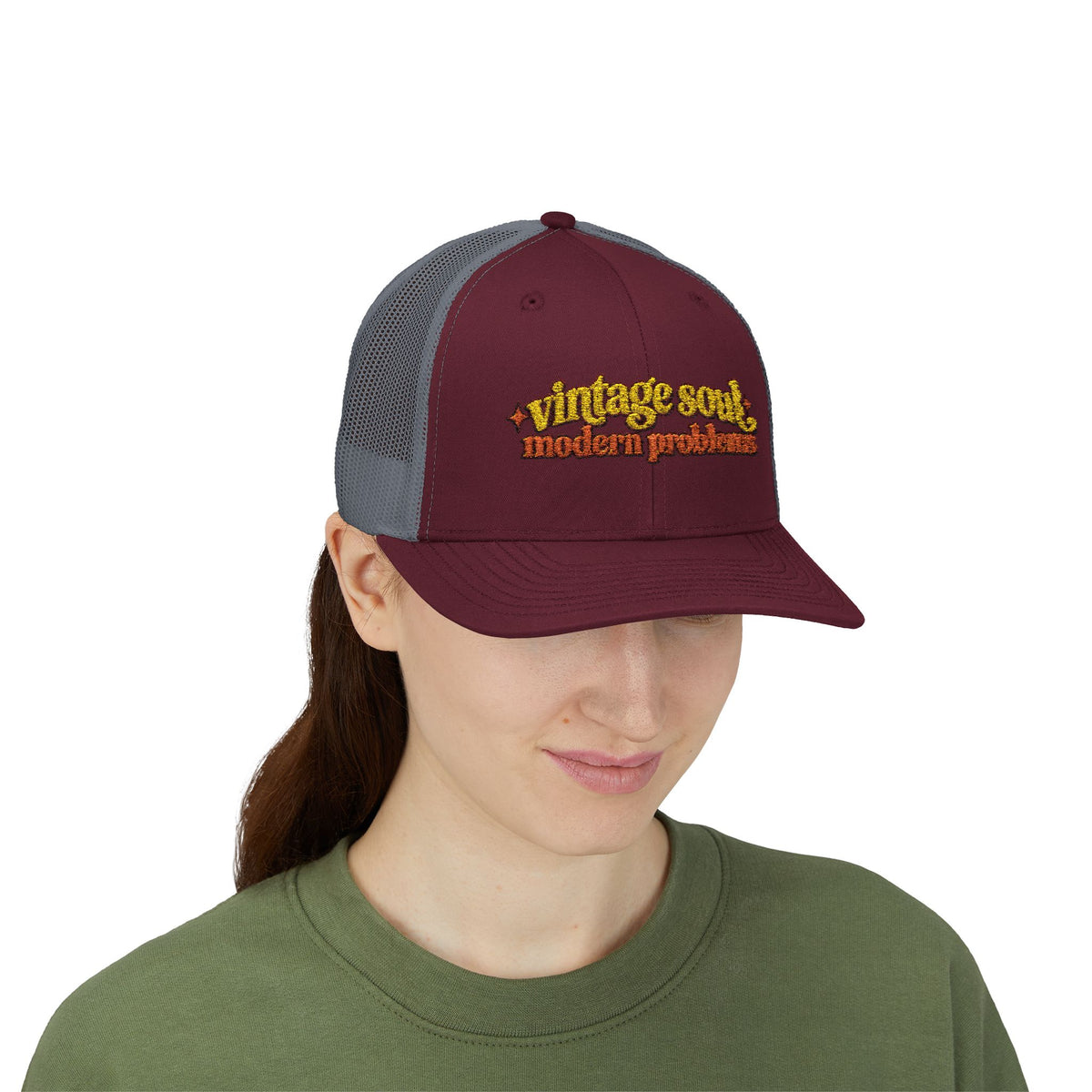 Vintage Soul modern problems Trucker Cap | Retro Script Embroidery