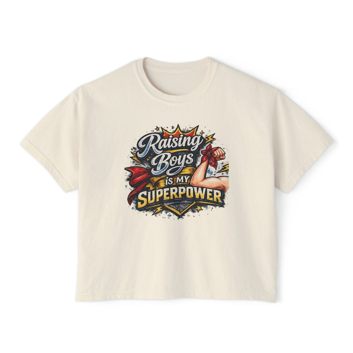 Raising Boys Is My Superpower Tee | Mom Superhero Graphic Shirt